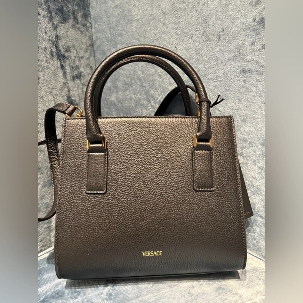 VERSACE VIRTUS CALF LEATHER SMALL BLACK TOP HANDLE BAG - Picture 4 of 6